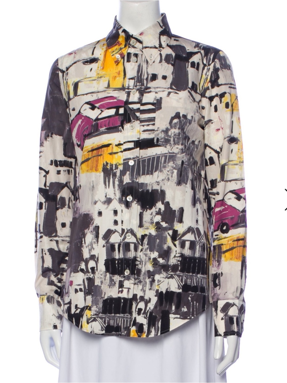 Prada Abstract Print Button-Down Shirt in Cream, Black, Yellow & Pink 2017 Size